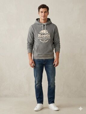 Roots Men's Gray Crewneck Hoodie with Cream Logo